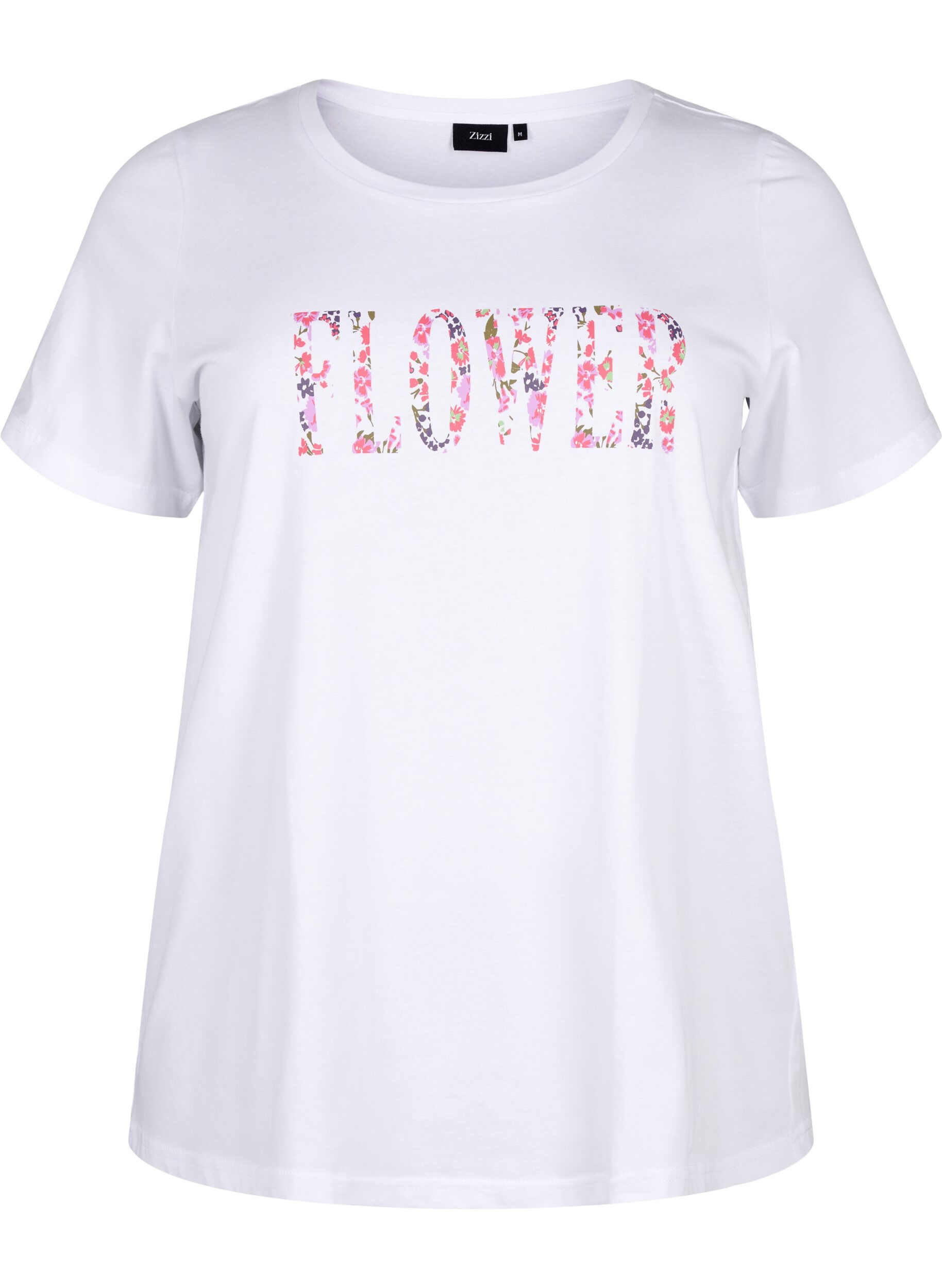 Zizzi Baumwoll-T-Shirt mit Textaufdruck, B. White w. Flower, Packshot image number 0