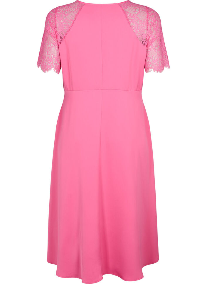 Midikleid mit kurzen Spitzenärmeln, Shocking Pink, Packshot image number 1