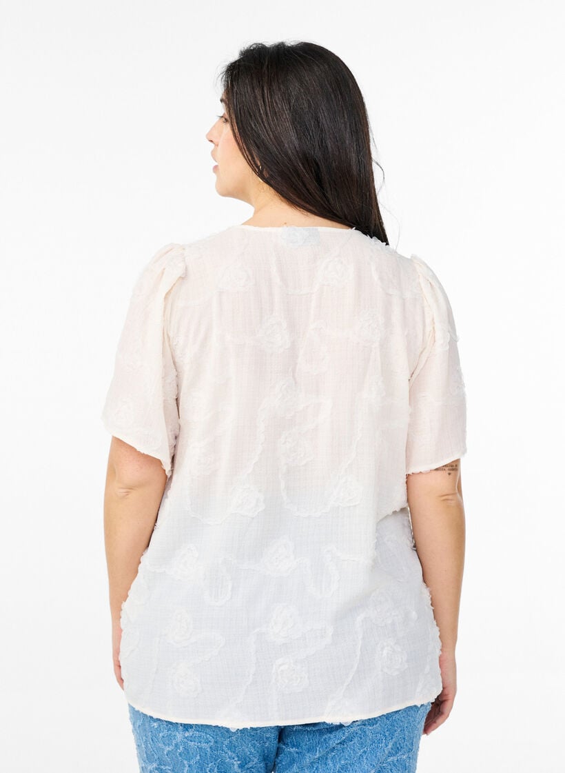 Bluse mit kurzen &Auml;rmeln und 3D-Bl&uuml;tenmuster, Beige, Model image number 2