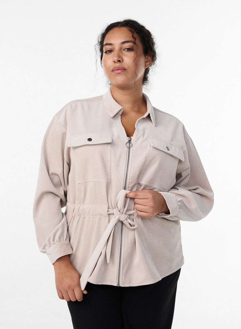 Hemdjacke aus Cord mit Bindegürtel und Taschen, Beige, Model image number 0