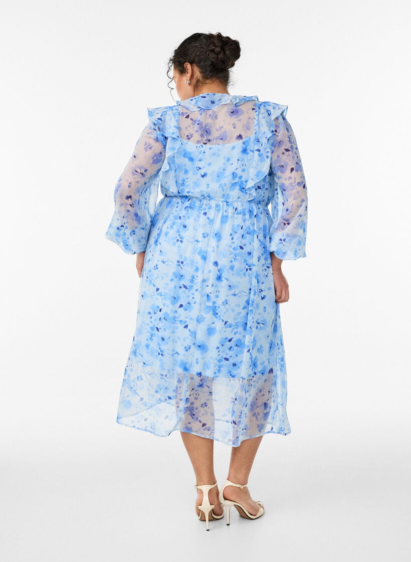 Gebl&uuml;mtes Kleid aus Chiffon mit R&uuml;schen und langen &Auml;rmeln, Blau, Model image number 1