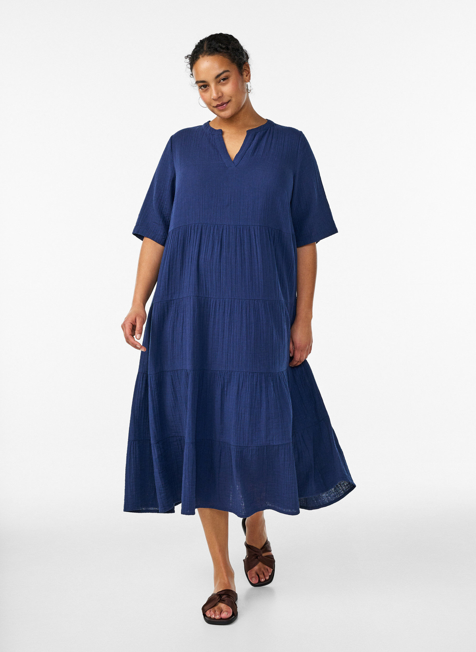 Zizzi Midikleid in A-Linie aus Baumwoll-Musselin, Blau, Model image number 0