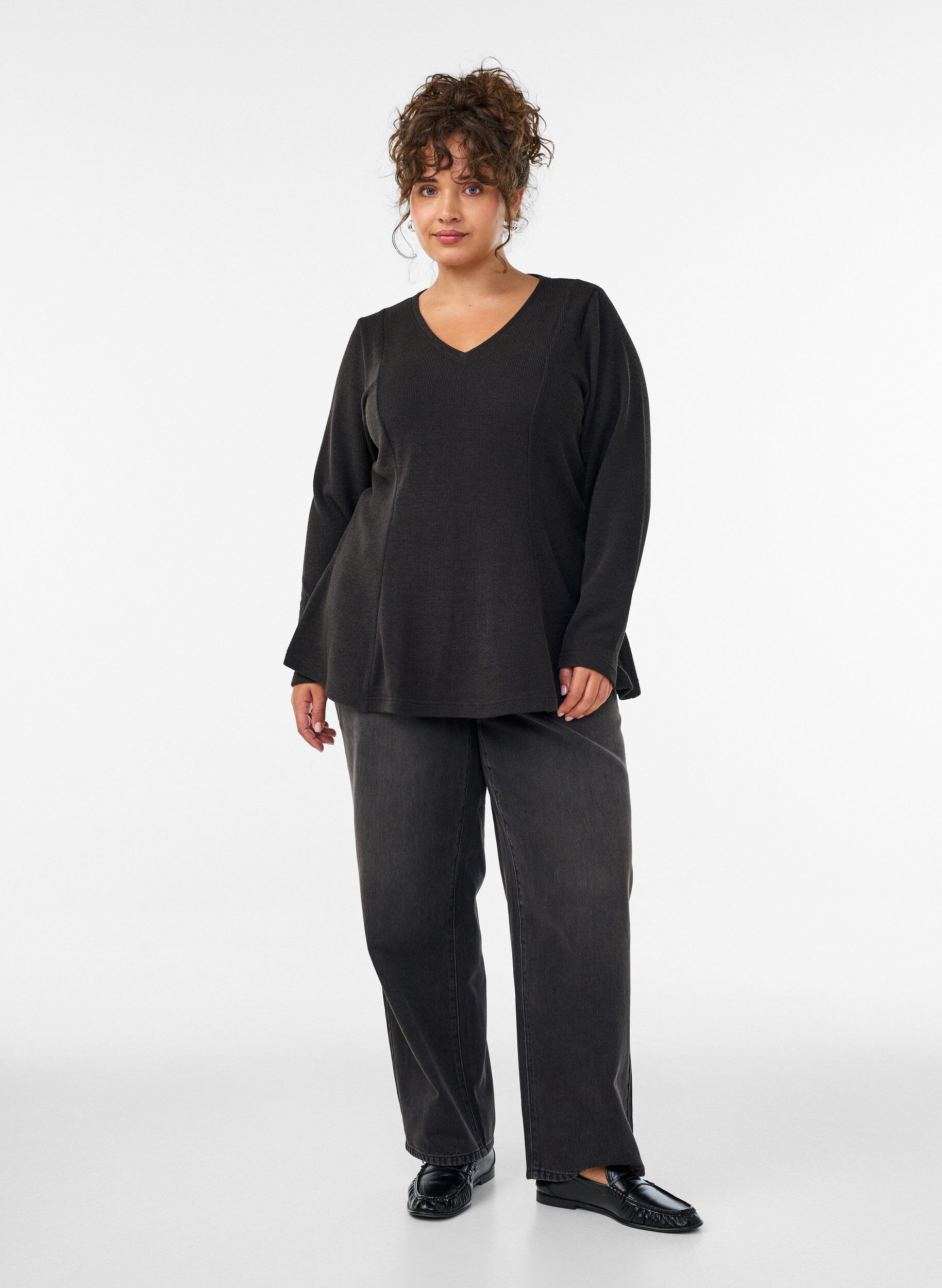 ZizziBluse aus Jersey mit gerippter Struktur und A-Linien-Passform, Schwarz, Model image number 1