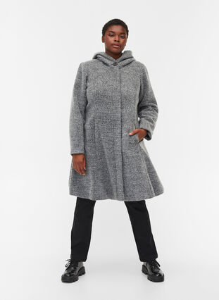 Lange Jacke mit Kapuze und Wolle, Light Grey Melange, Model image number 3