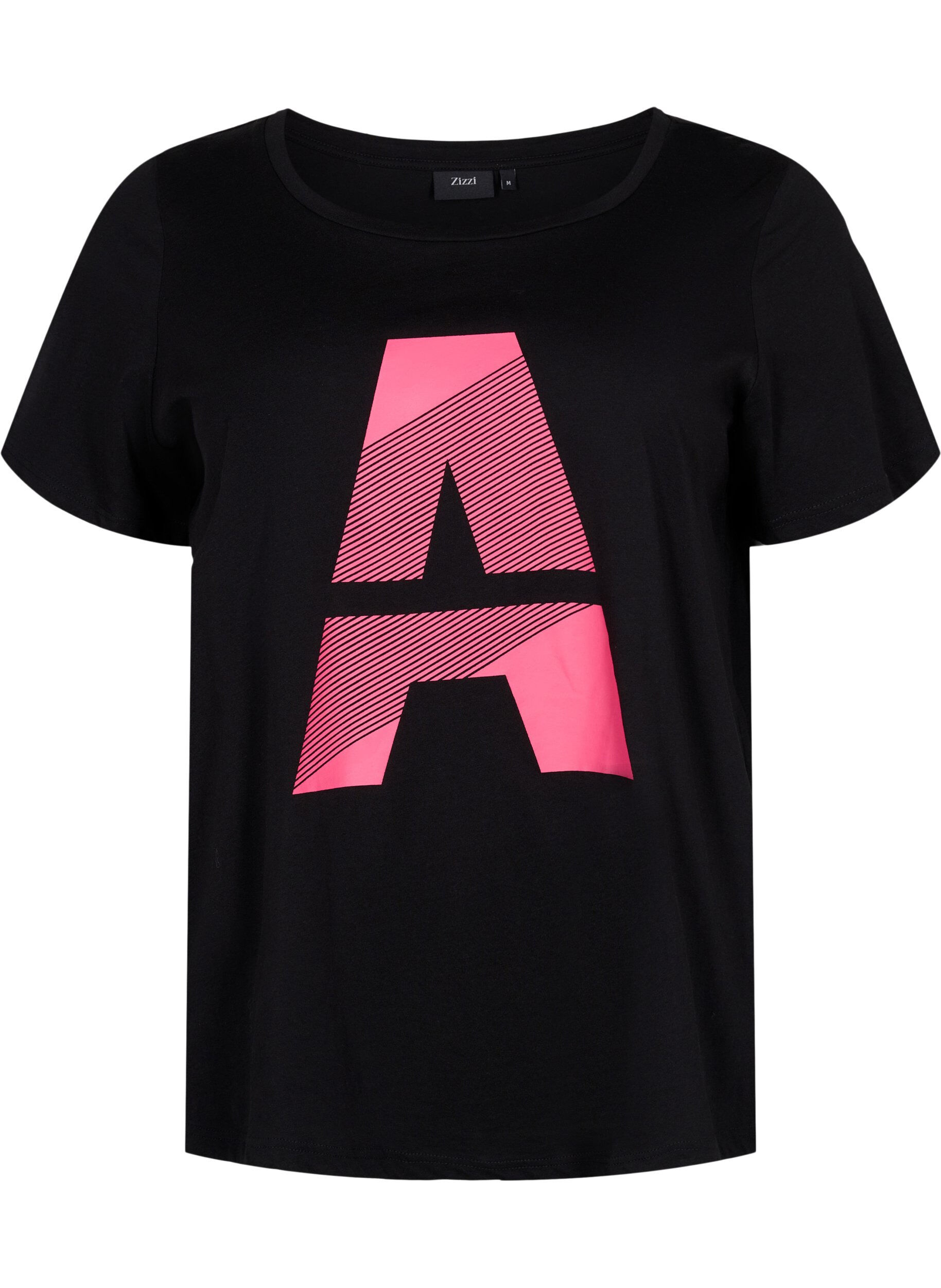 Zizzi Trainings-T-Shirt mit Print, Black w. Pink A, Packshot image number 0