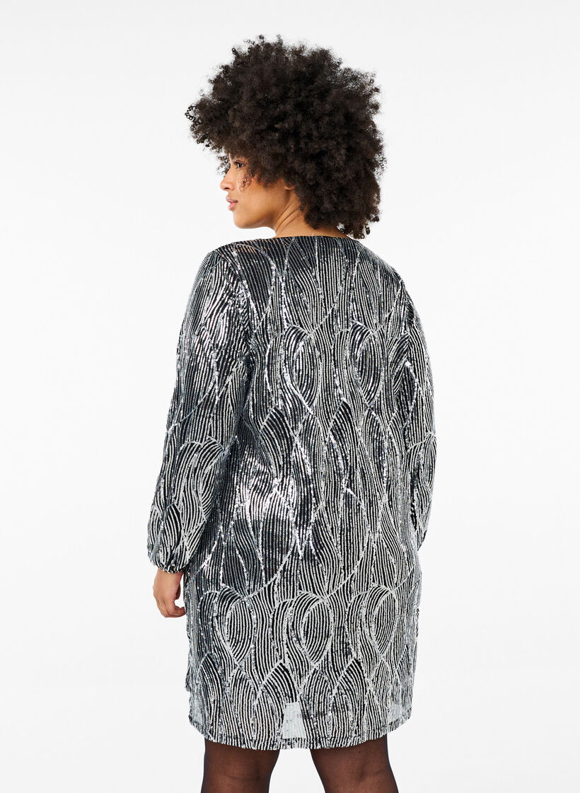Langärmliges Paillettenkleid mit Muster, Silver Sequins, Model image number 1