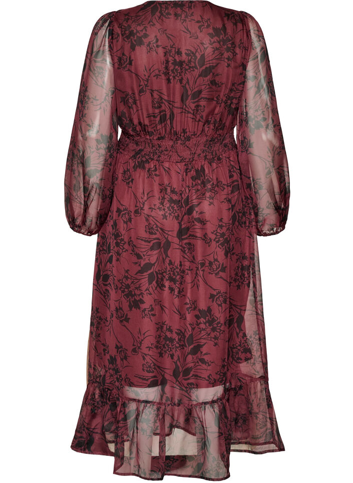 Maxikleid mit floralem Print und Smock, Dunkles Bordeaux, Packshot image number 1