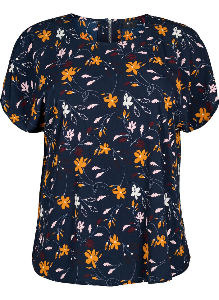 Bluse mit kurzen Ärmeln und geblümtem Print, Sky Captain Flower, Packshot image number 0