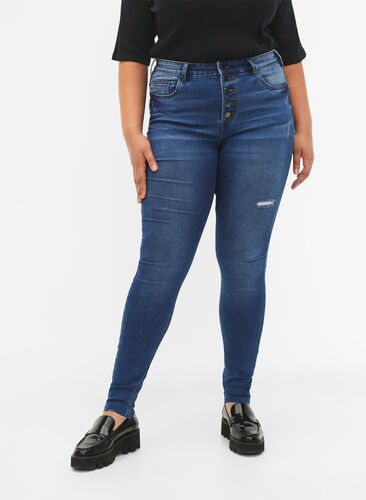 High Waist Amy-Jeans mit Knöpfen., Blue denim, Model image number 2