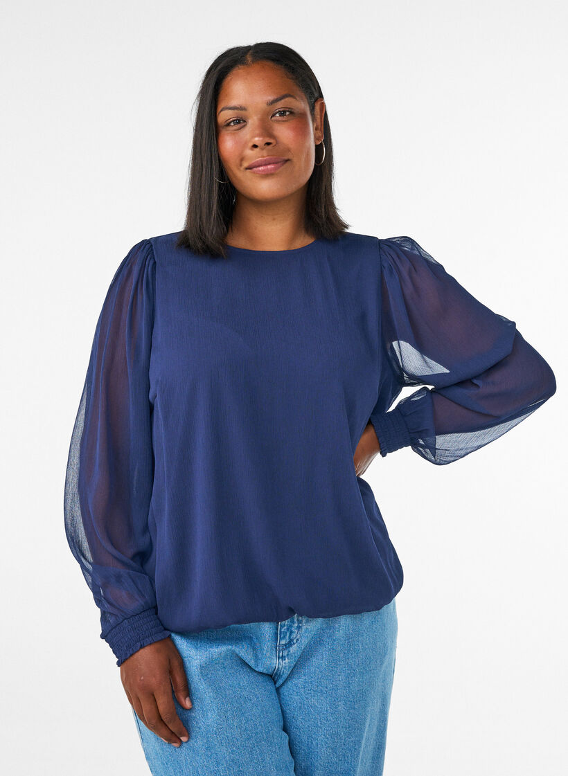 Bluse aus Chiffon mit transparenten &Auml;rmeln, Blau, Model image number 0