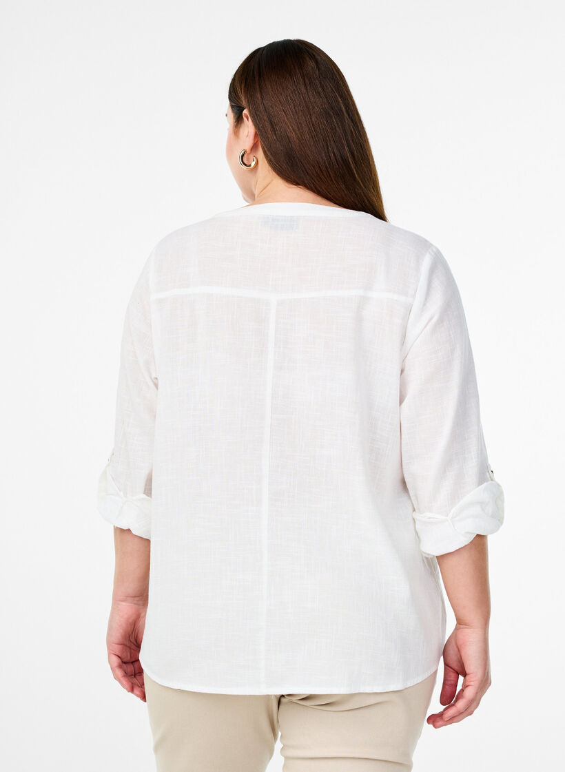 Baumwollbluse mit V-Ausschnitt, Wei&szlig;, Model image number 2