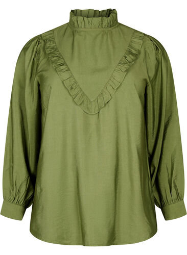 Viskose-Bluse mit Rüschen, Loden Green, Packshot image number 0