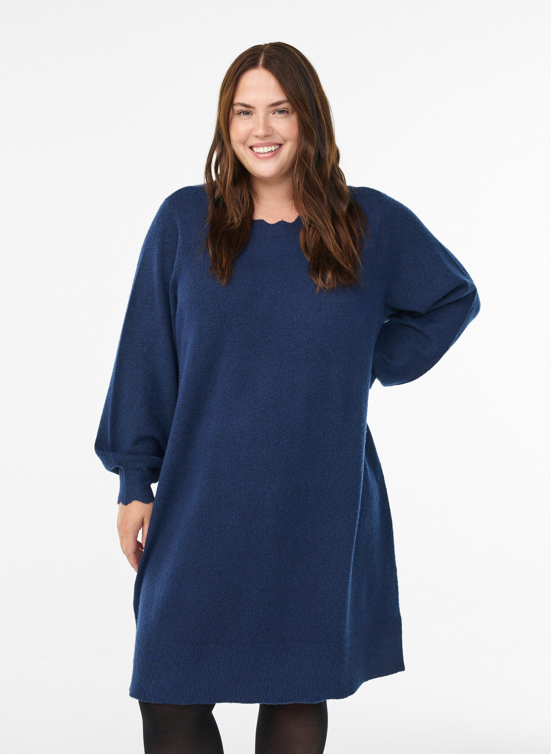 ZizziGestricktes Minikleid mit gewelltem Saum und Schlitzen, Blau, Model image number 0