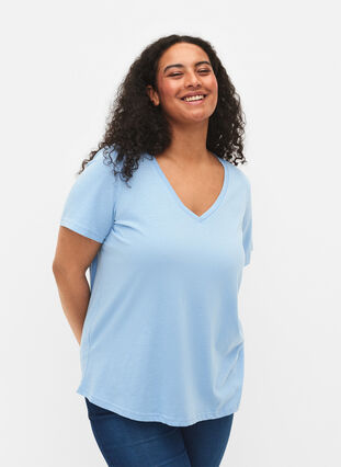 Kurzärmeliges T-Shirt mit V-Ausschnitt, Placid Blue, Model image number 0