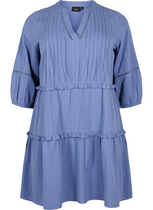 Baumwollkleid mit 3/4-Ärmeln und Rüschen, Moonlight Blue, Packshot image number 0