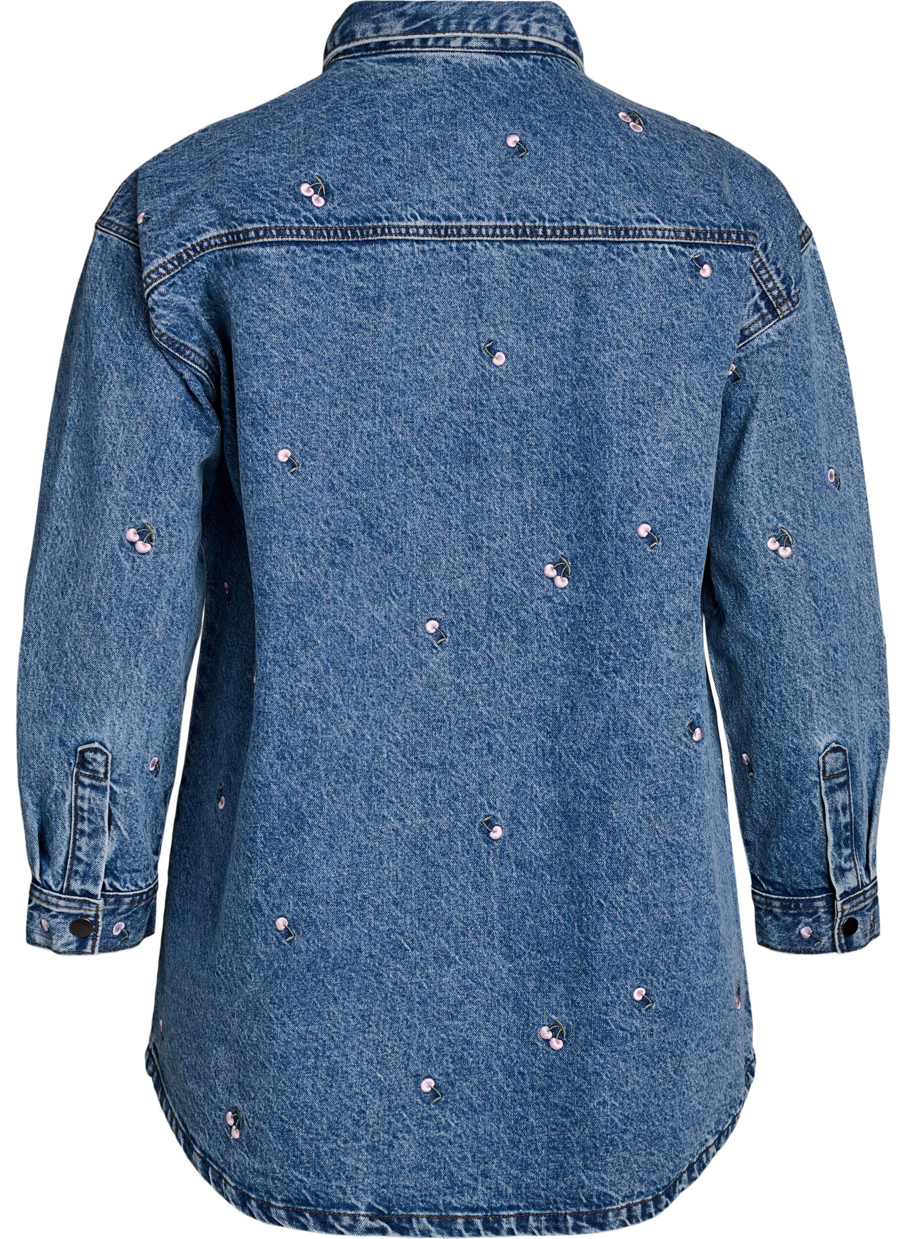 Zizzi Jeanshemd mit bestickten Motiven, Blau, Packshot image number 1