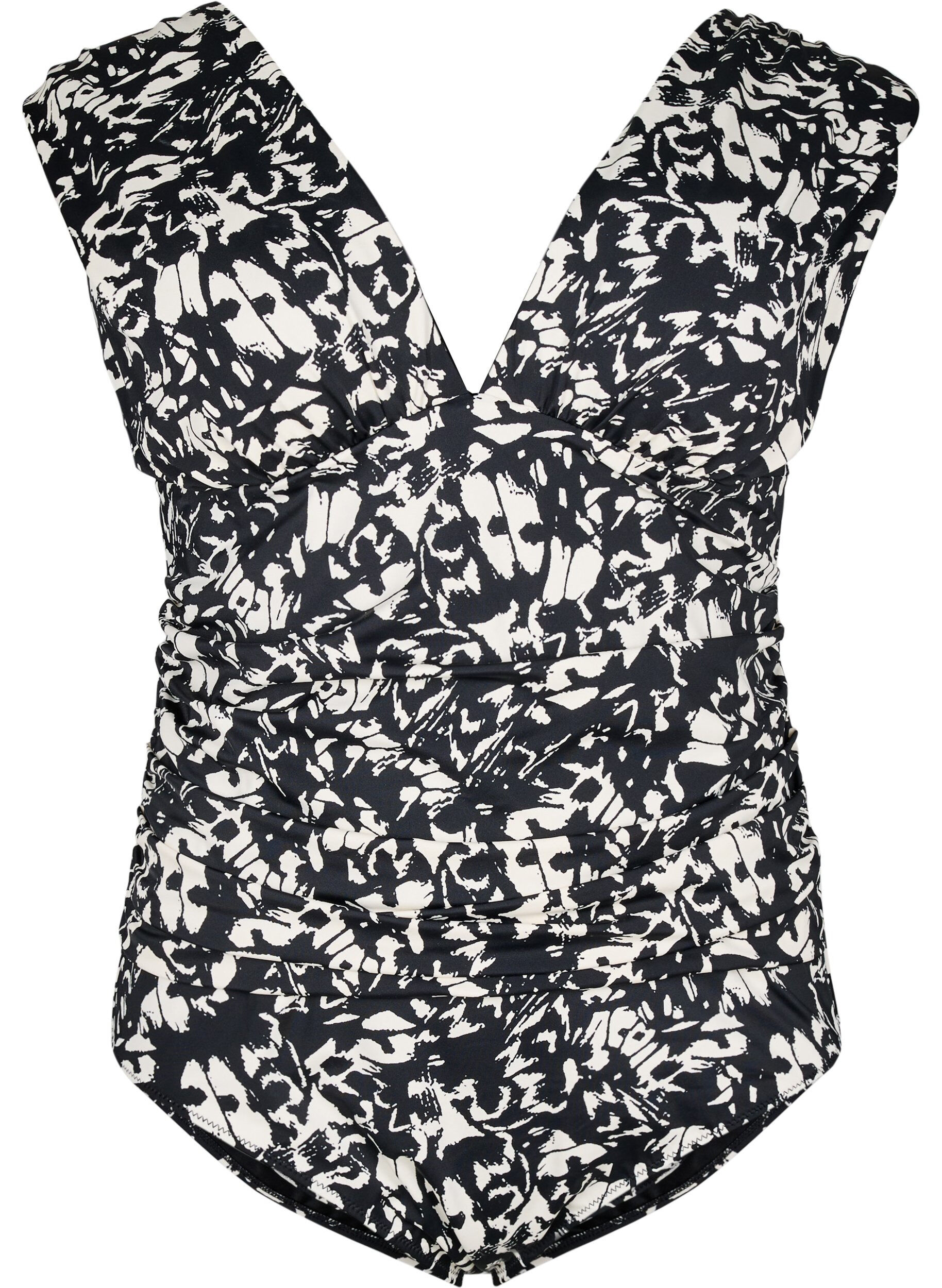 Zizzi Gemusterter Badeanzug mit tiefem V-Ausschnitt, Schwarz, Packshot image number 0