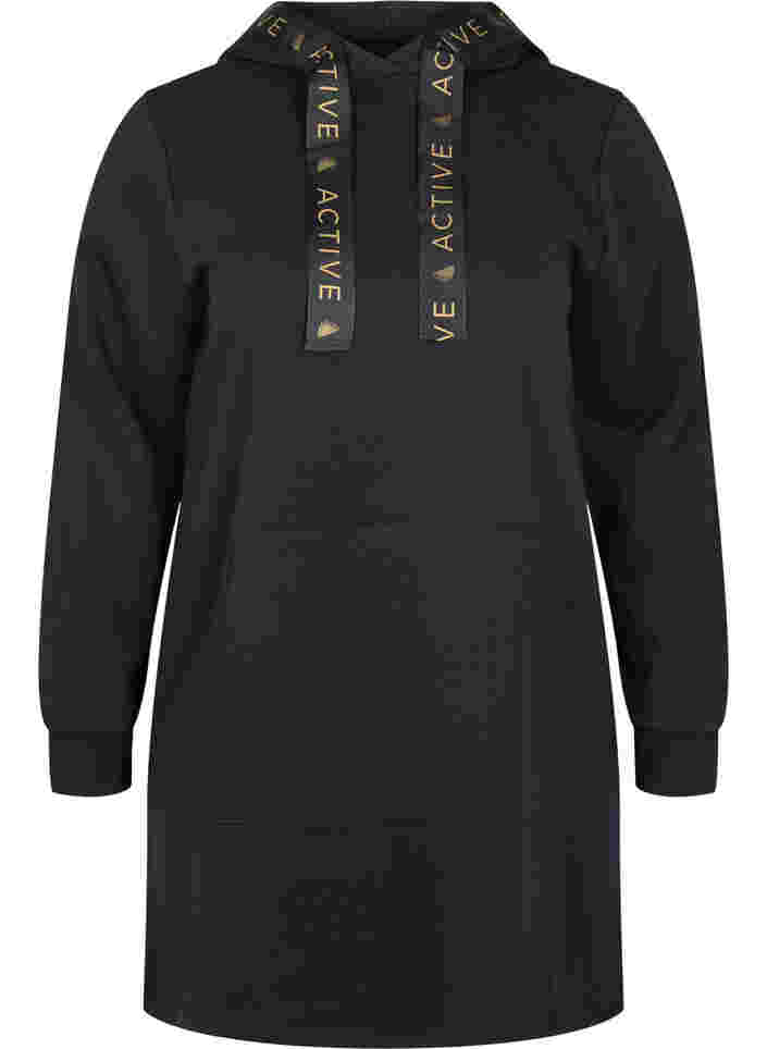 Langes Sweatshirt mit Kapuze und sportlichen Details, Black, Packshot image number 0