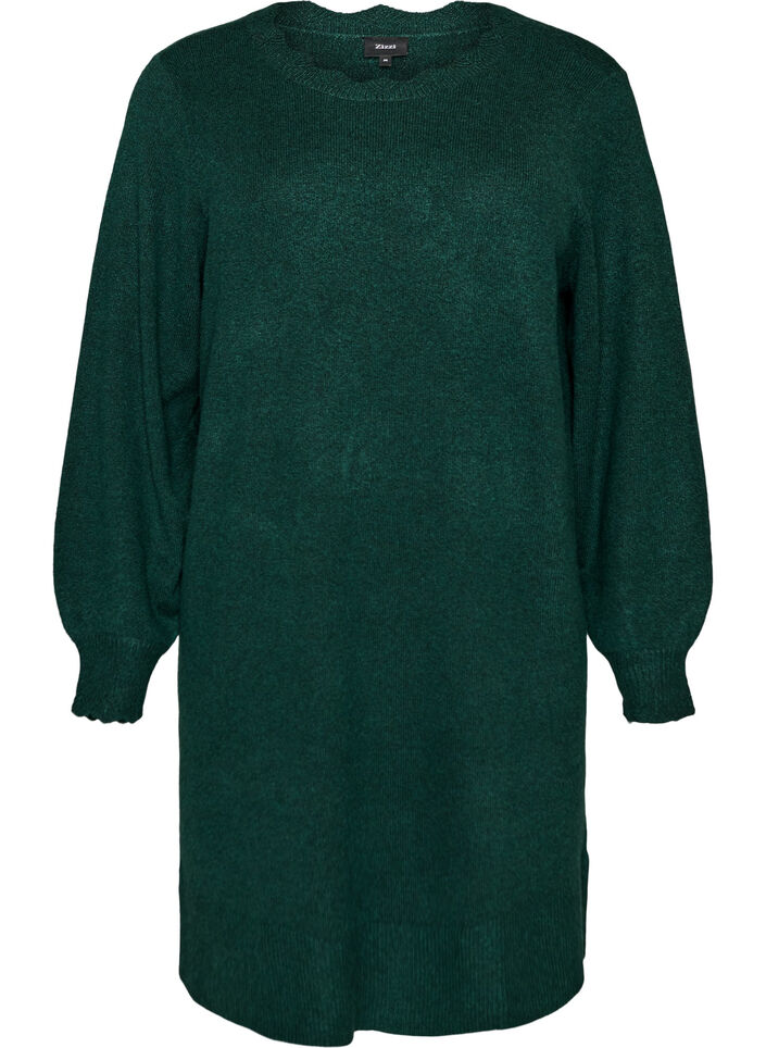 Gestricktes Minikleid mit gewelltem Saum und Schlitzen, Gr&uuml;n, Packshot image number 0