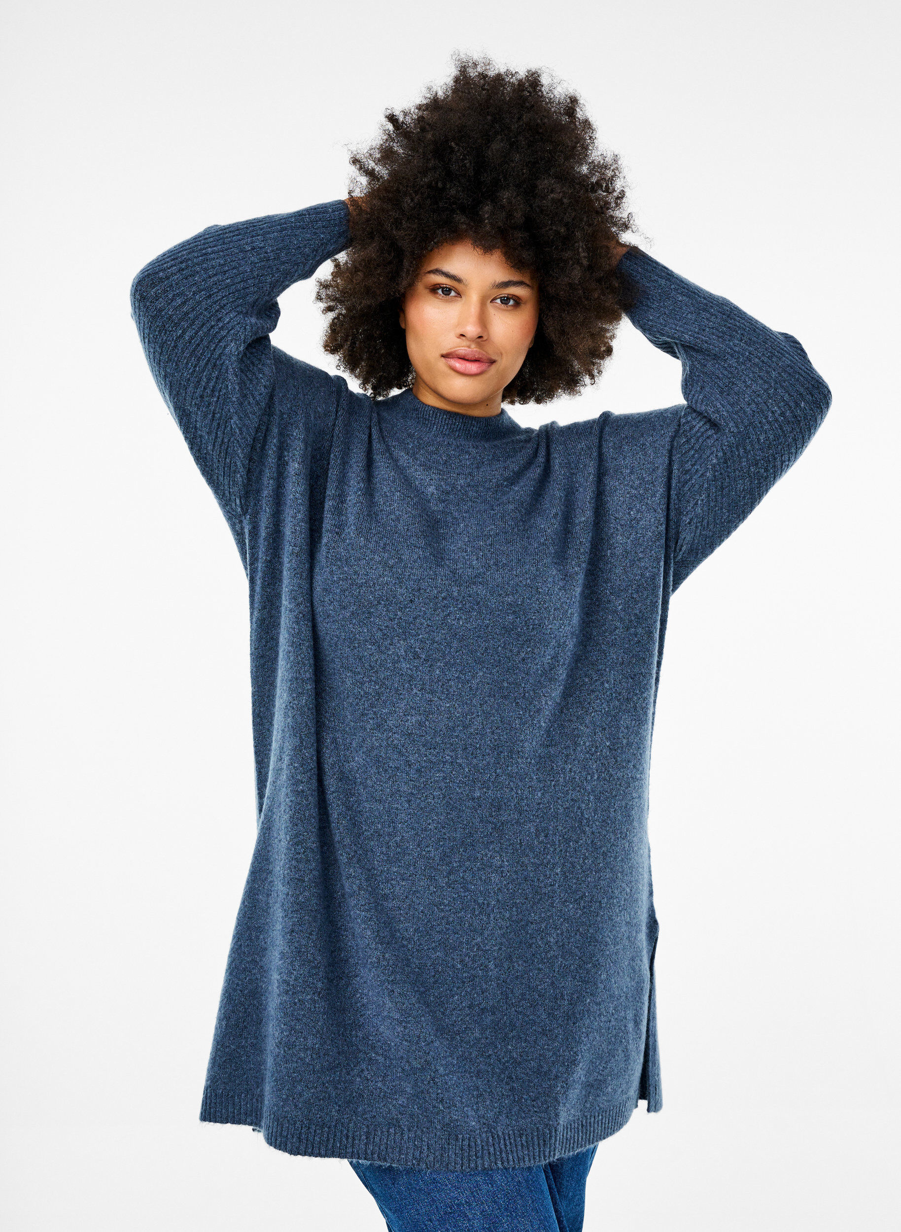 Zizzi Lange Strickbluse mit langen &Auml;rmeln, Bering Sea Mel., Model image number 2