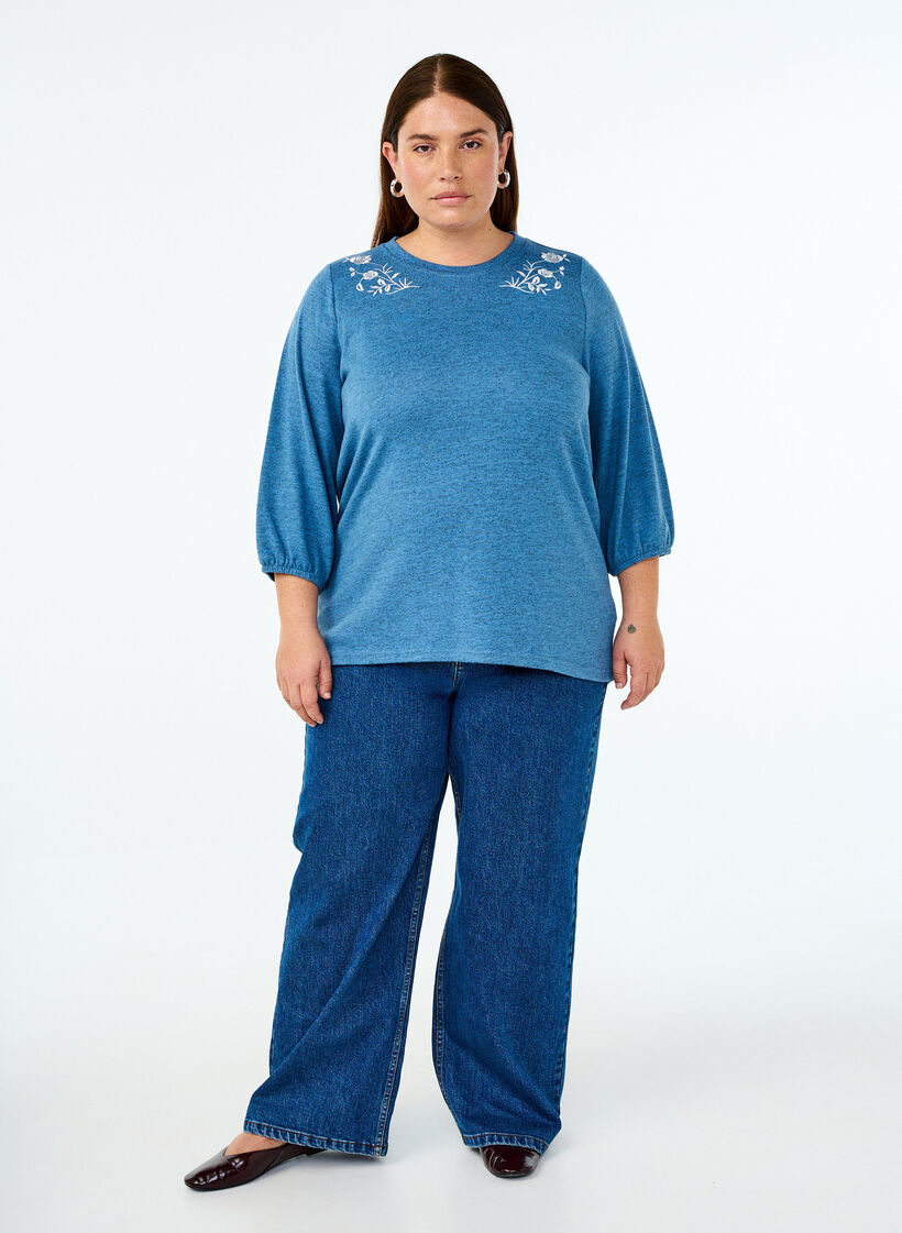 Bluse mit floralen Stickereien und 3/4-Ärmeln, Copen Blue Melange, Model image number 2