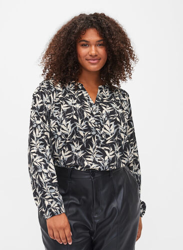Langarm Bluse mit Print und V-Ausschnitt, Leaf AOP, Model image number 0