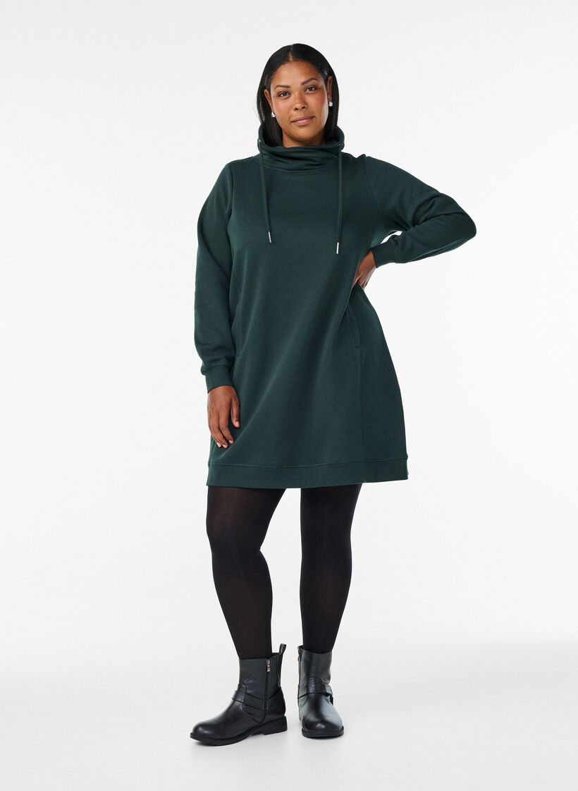 Kurzes Sweatshirtkleid mit Stehkragen und Taschen, Gr&uuml;n, Model image number 1