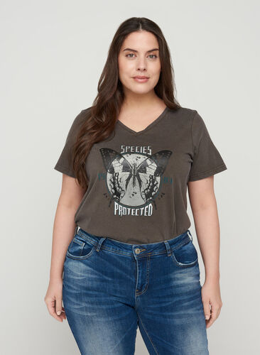 Kurzarm T-Shirt mit V-Ausschnitt und Print, Dark Grey Acid wash, Model image number 0