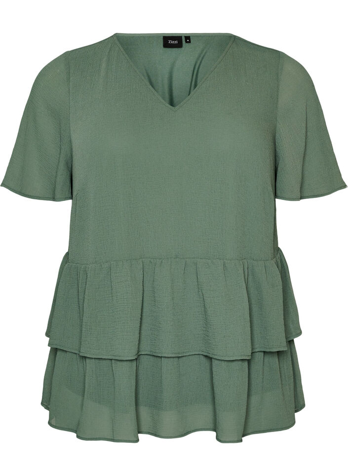 Bluse mit V-Ausschnitt und R&uuml;schen, Gr&uuml;n, Packshot image number 0