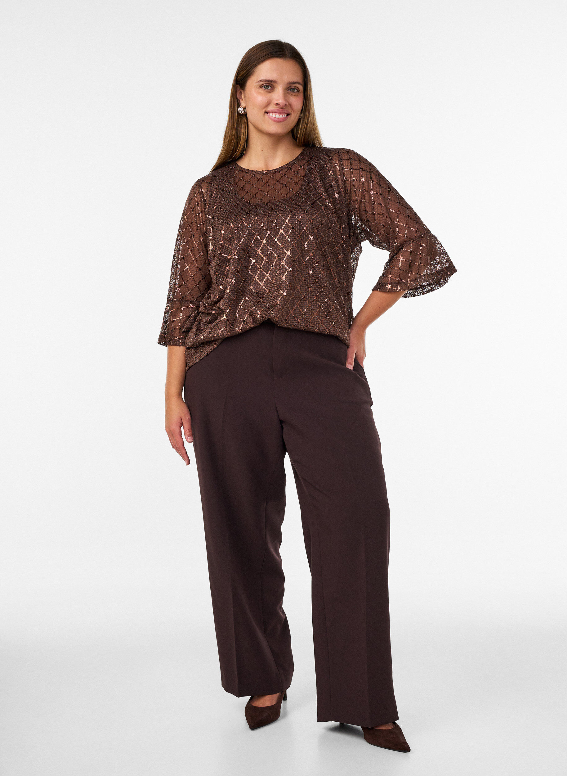 ZizziTransparente Bluse mit Pailletten und Rautenmuster, Braun, Model image number 1