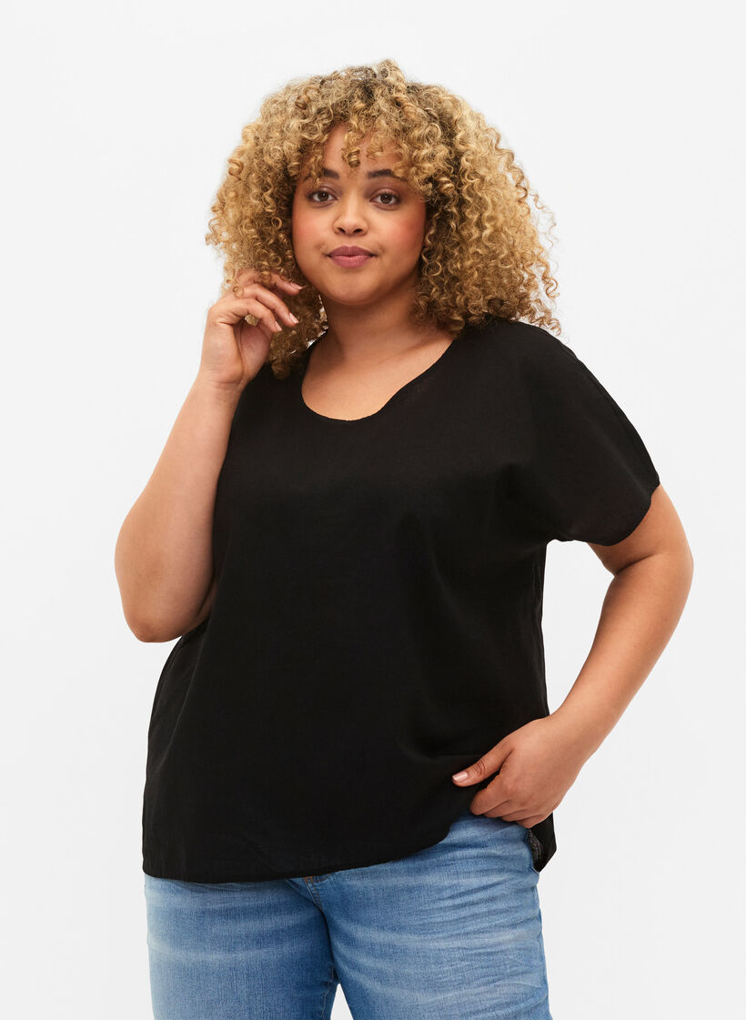 Kurzärmelige Bluse aus Baumwollmischung mit Leinen, Black, Model image number 0