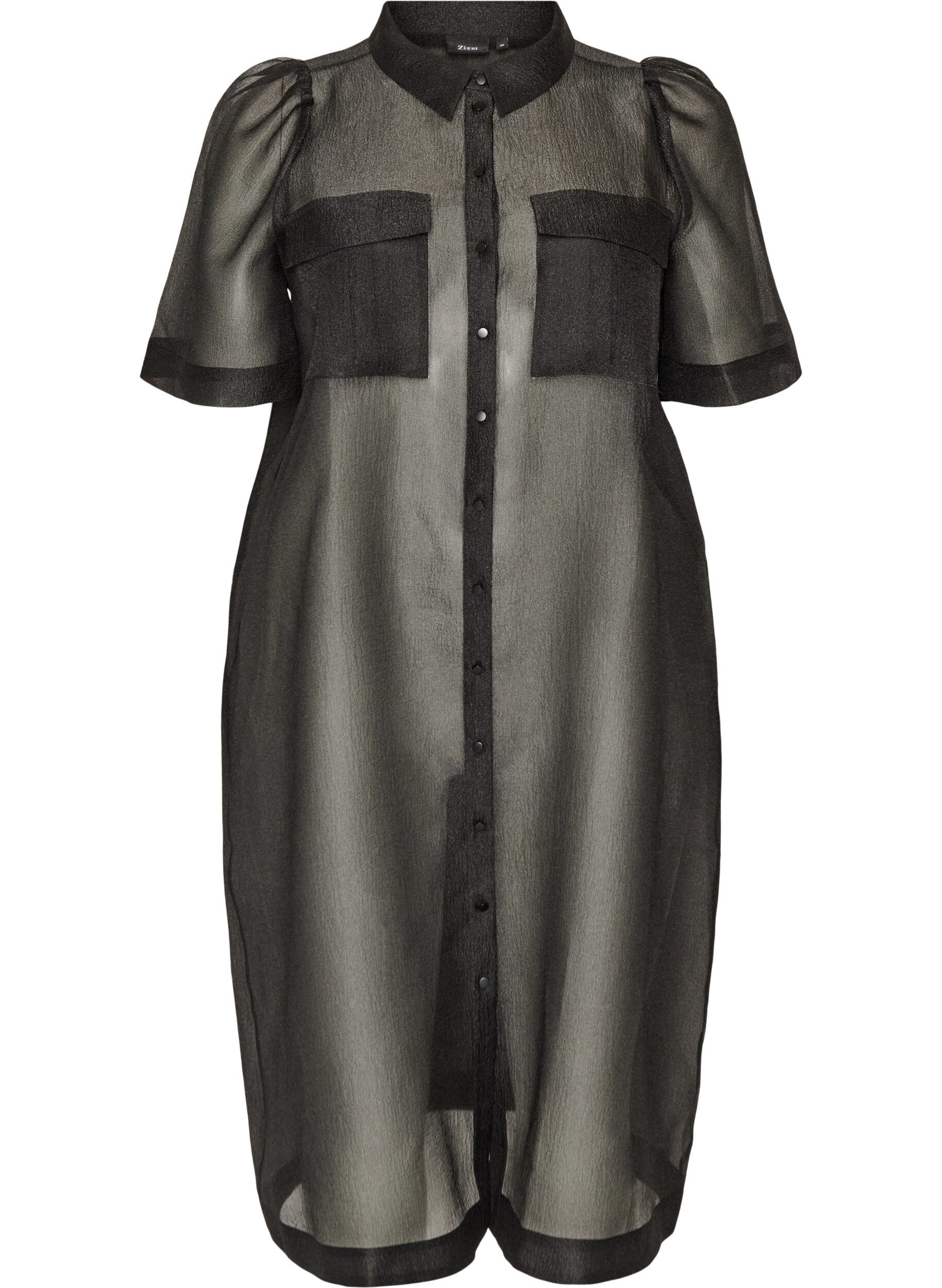 Kleid aus Organza mit Brusttaschen und Puff&auml;rmeln