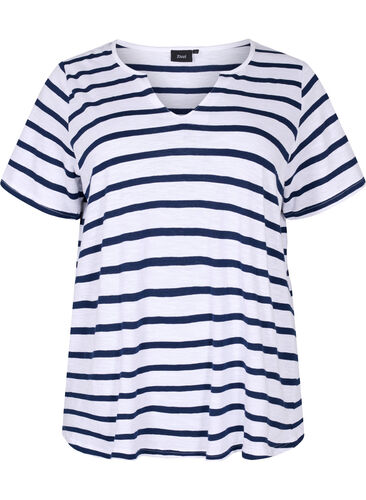 Gestreiftes T-Shirt aus Baumwolle mit V-Ausschnitt, Bright White Stripe, Packshot image number 0