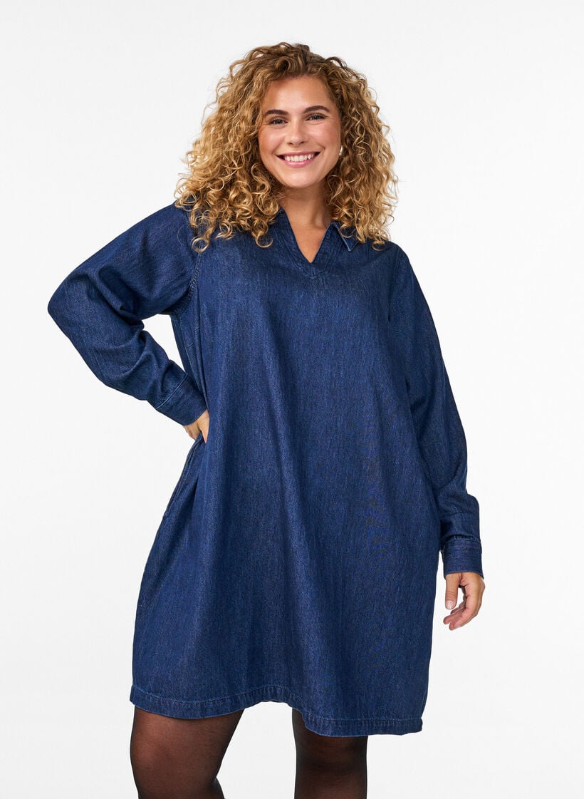 Jeanskleid mit V-Ausschnitt und Kragen, Blau, Model image number 0