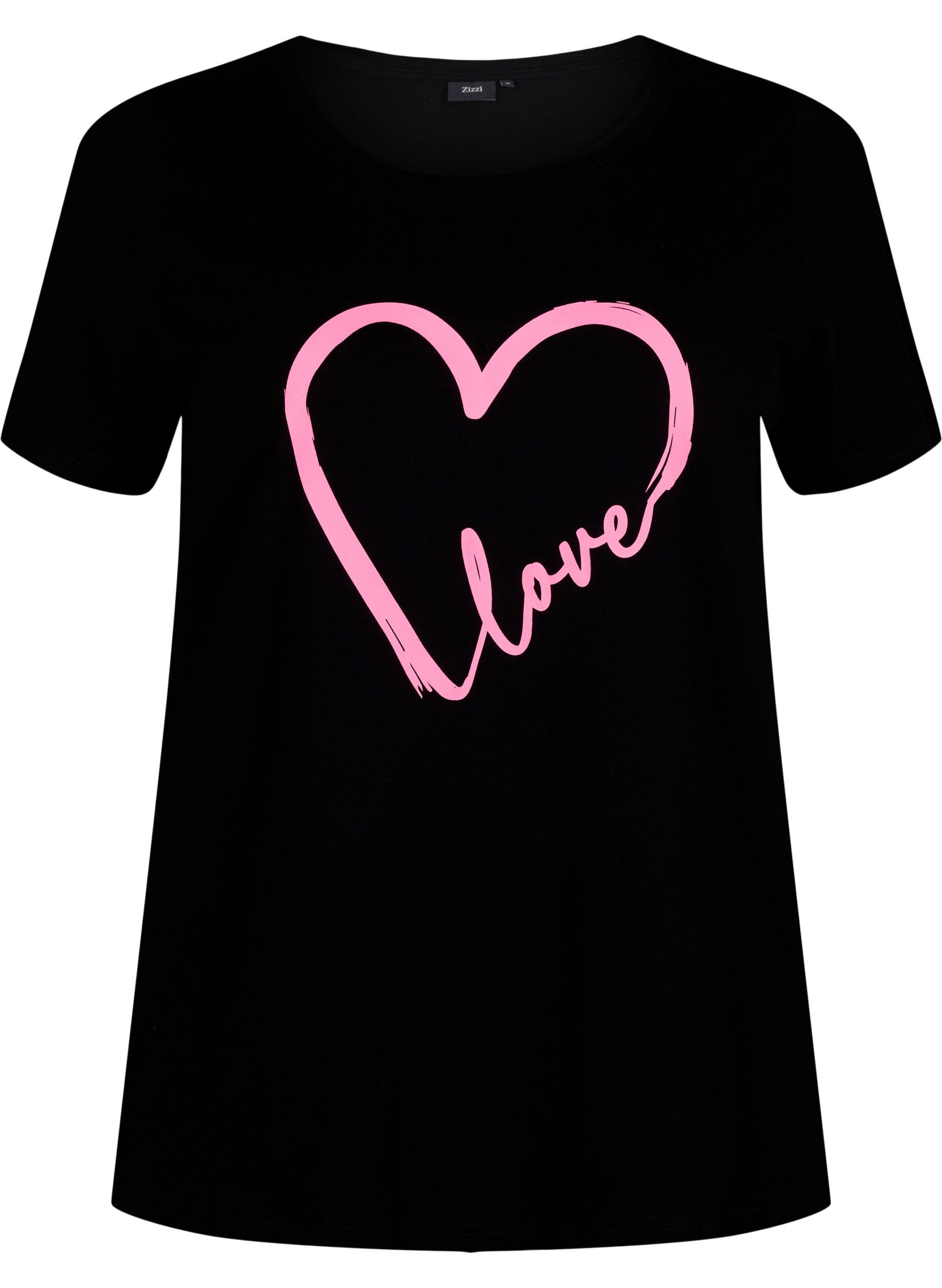 Zizzi T-Shirt aus Baumwolle mit Rundhalsausschnitt und Aufdruck, Black W. Heart L., Packshot image number 0