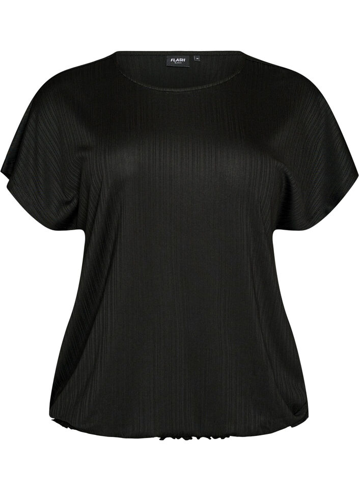 Jersey-Bluse mit strukturierten Streifen und Smocksaum, Schwarz, Packshot image number 0