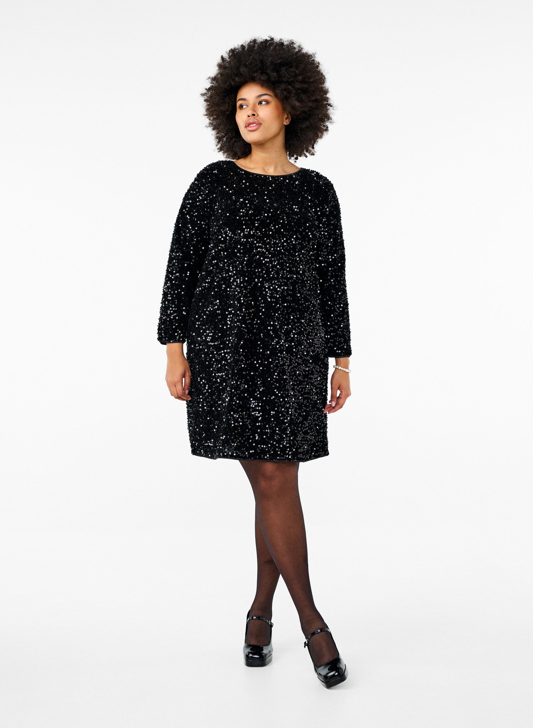 Zizzi Pailettenkleid mit Schleifendetail, Black, Model image number 2