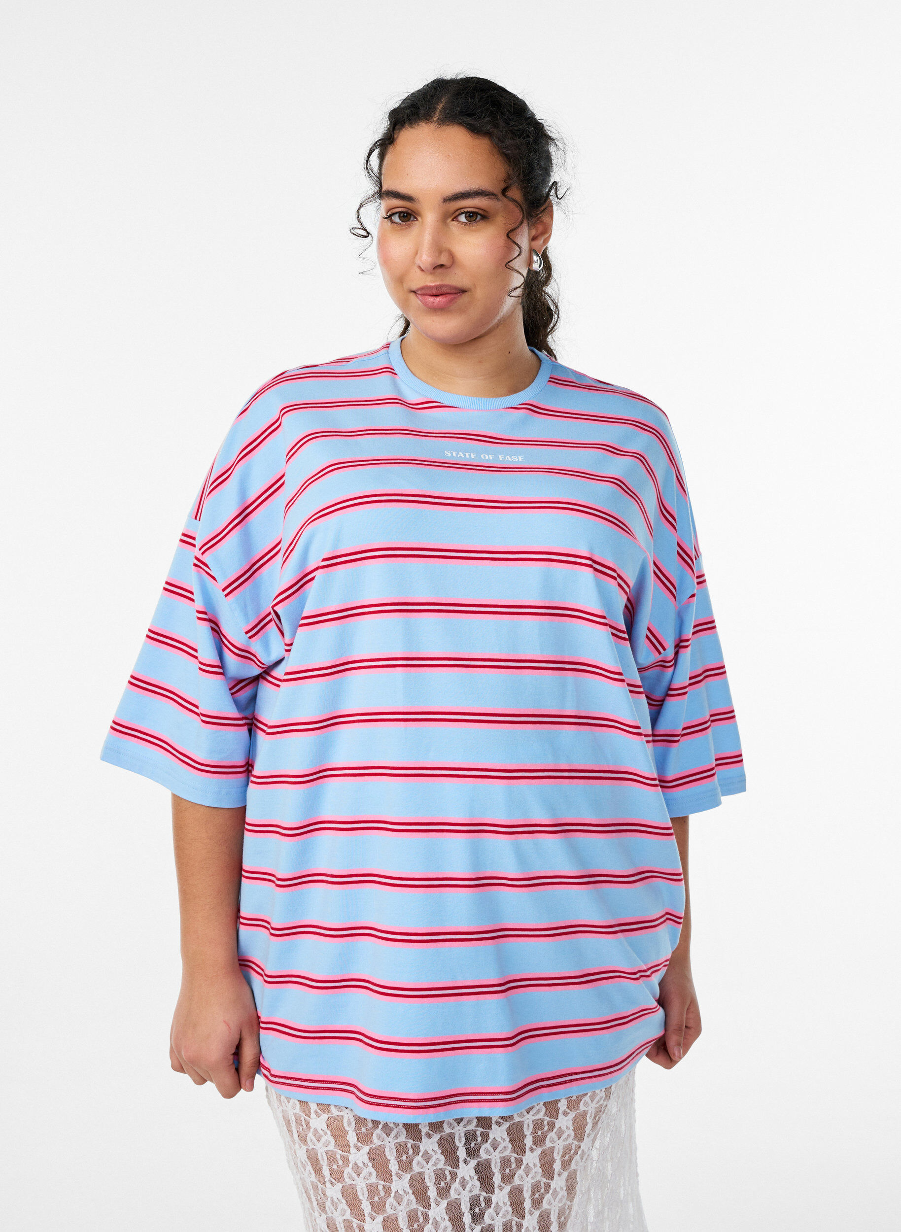 Zizzi Oversize-T-Shirt mit Streifen und 1/2-&Auml;rmeln, Blau, Model image number 0