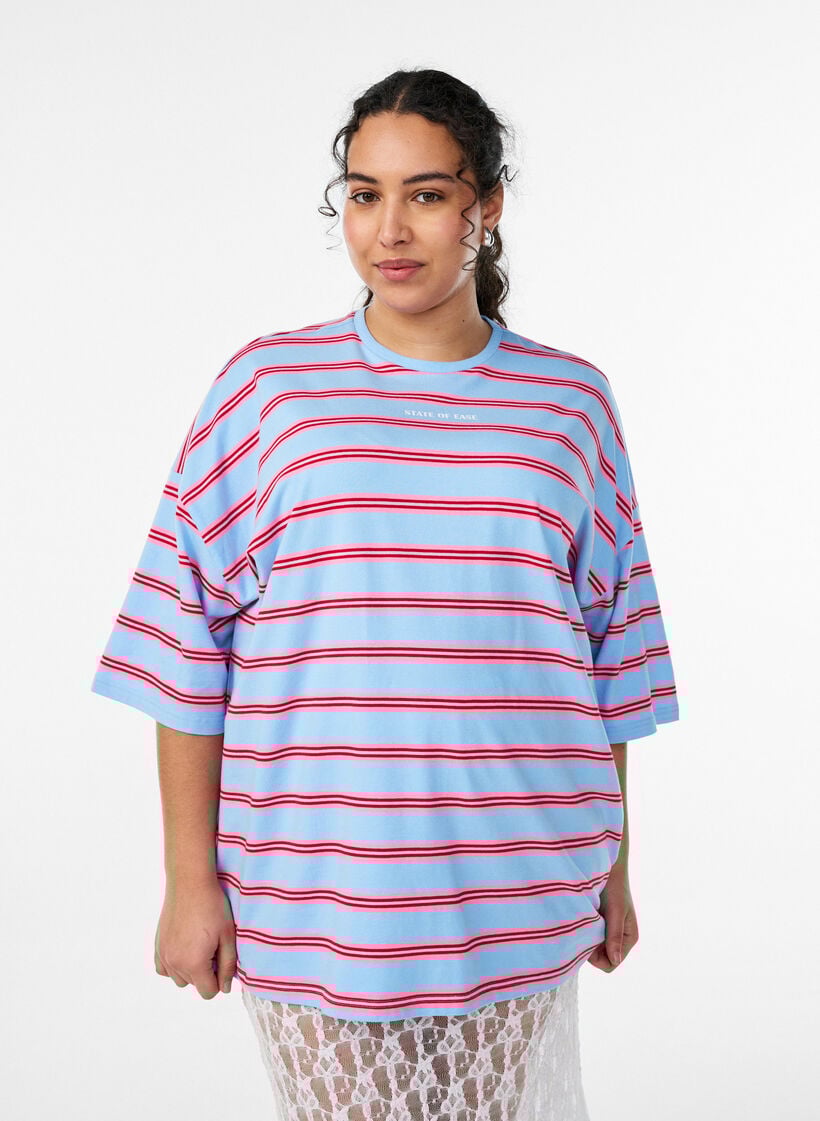 Oversize-T-Shirt mit Streifen und 1/2-&Auml;rmeln, Blau, Model image number 0