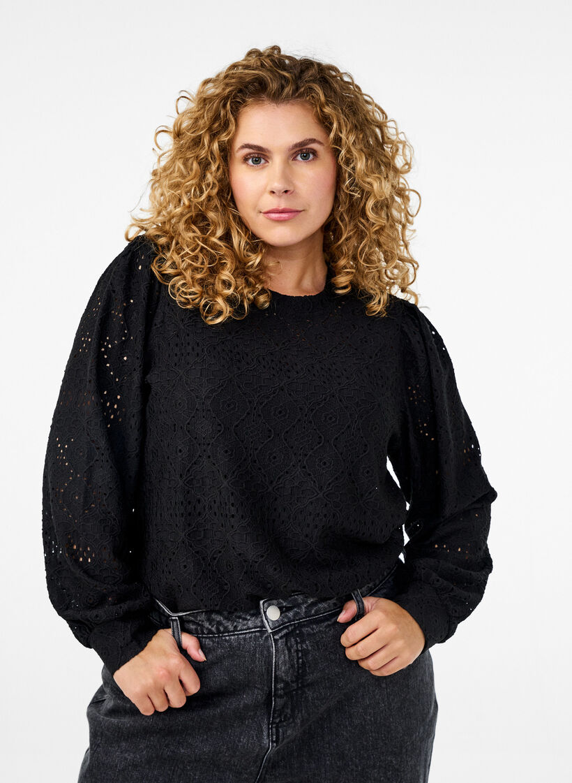 Langärmlige Bluse mit Lochmuster, Schwarz, Model image number 0