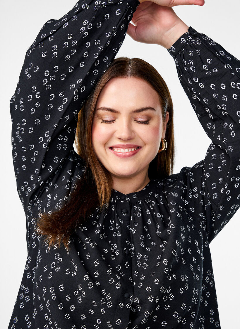 Langärmlige Tunika mit floralem Print, Schwarz, Image image number 0