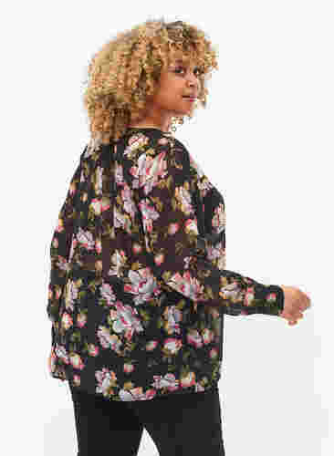 Hemdbluse mit V-Ausschnitt und Print, Black/Beige Flower, Model image number 1