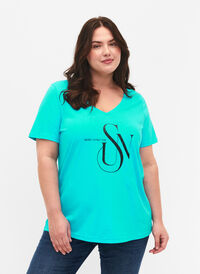T-Shirt aus Baumwolle mit Druck, Turquoise SUN, Model
