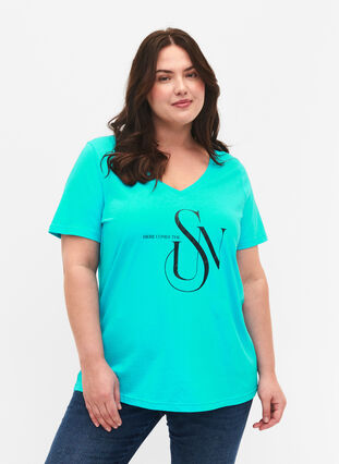 T-Shirt aus Baumwolle mit Druck, Turquoise SUN, Model image number 0