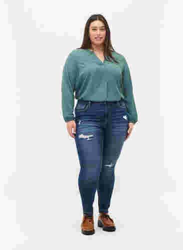 Unifarbene Bluse mit V-Ausschnitt, Mallard Green, Model image number 2