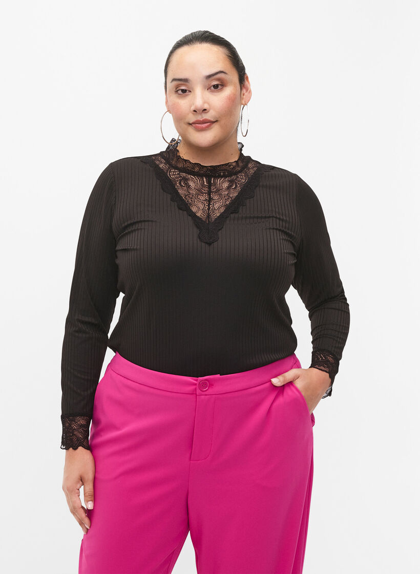 Bluse mit Spitze und langen Ärmeln, Black, Model image number 0