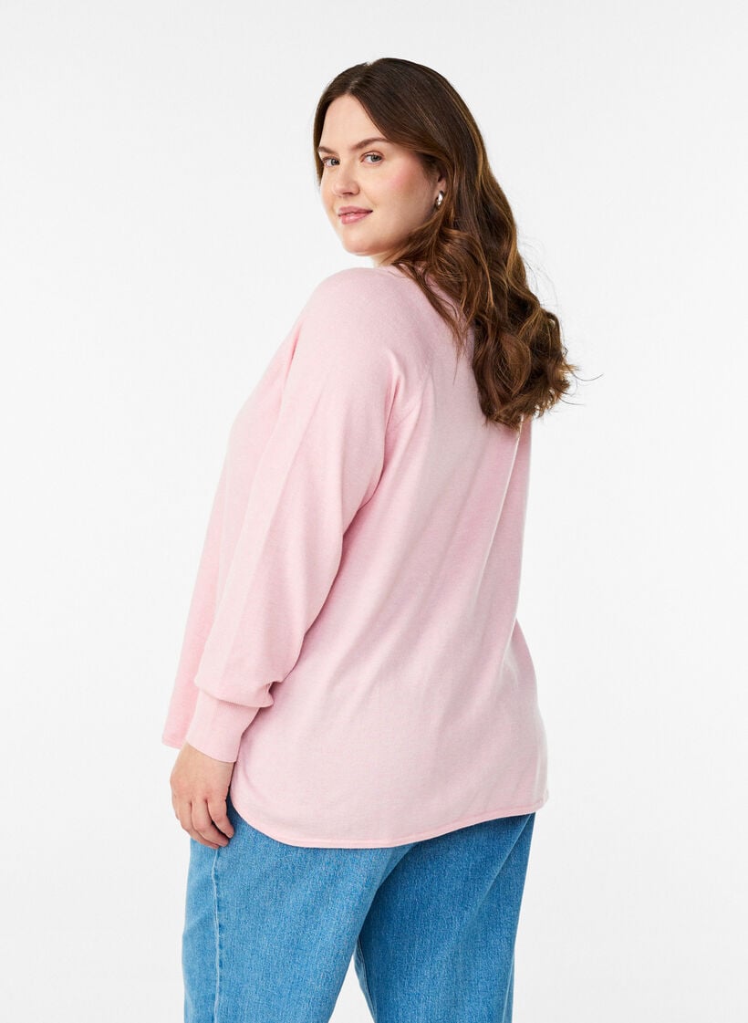 Bluse aus Feinstrick mit V-Ausschnitt und Detail auf der Vorderseite, Pink, Model image number 2