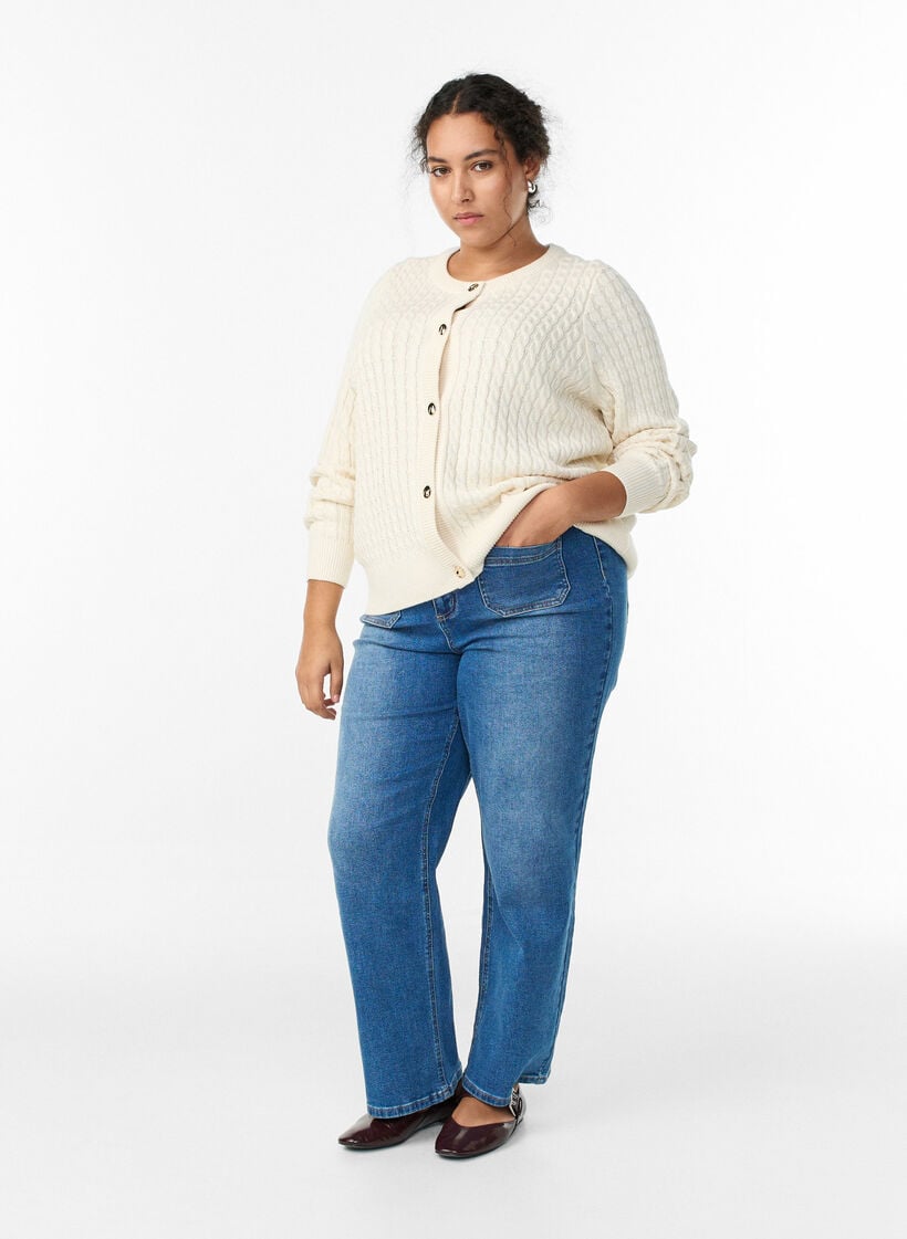 Zopfmuster-Strickjacke mit goldenen Kn&ouml;pfen, Vanille, Model image number 1