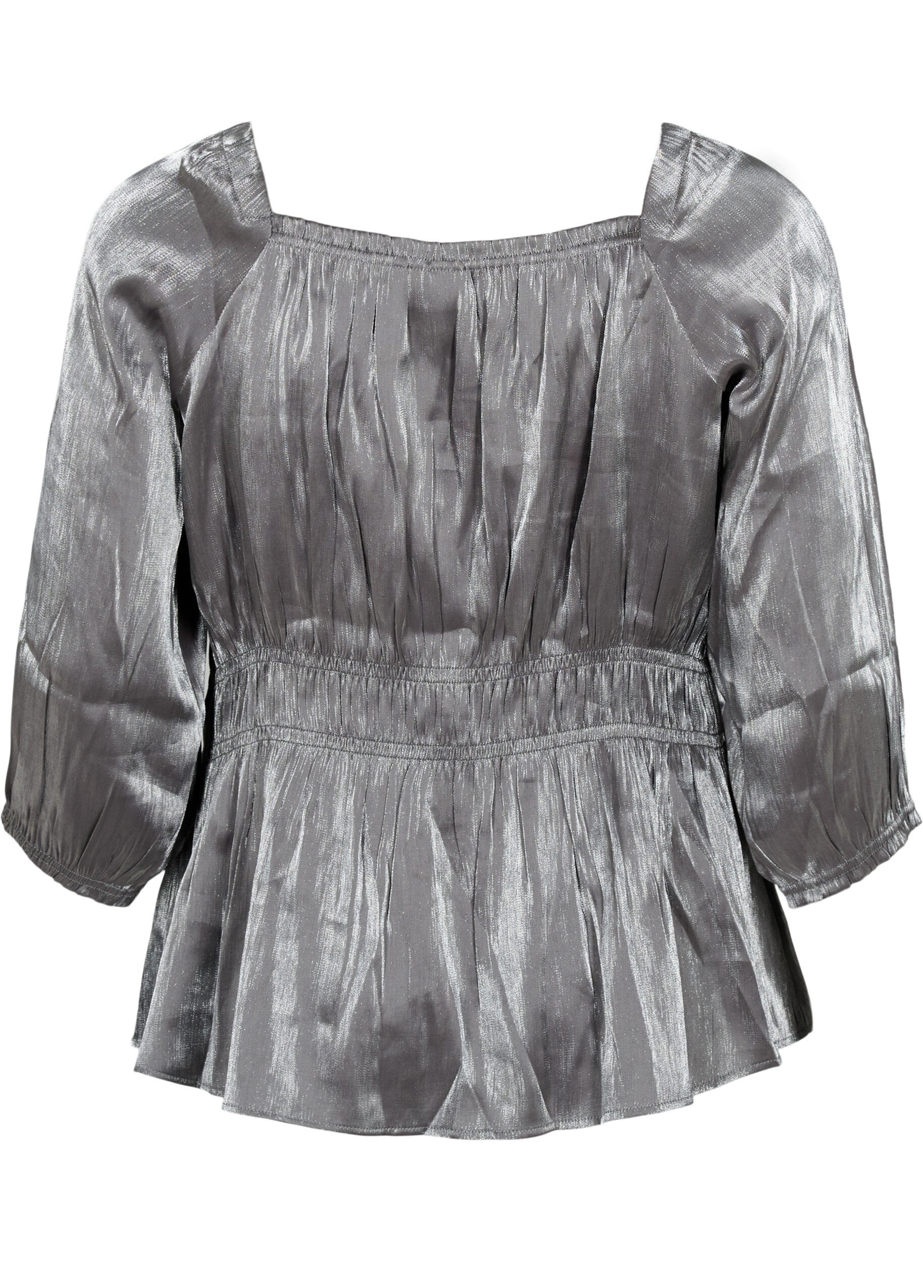 Zizzi Silberfarbene Bluse mit 3/4-&Auml;rmeln und Smock, Dark Silver, Packshot image number 1