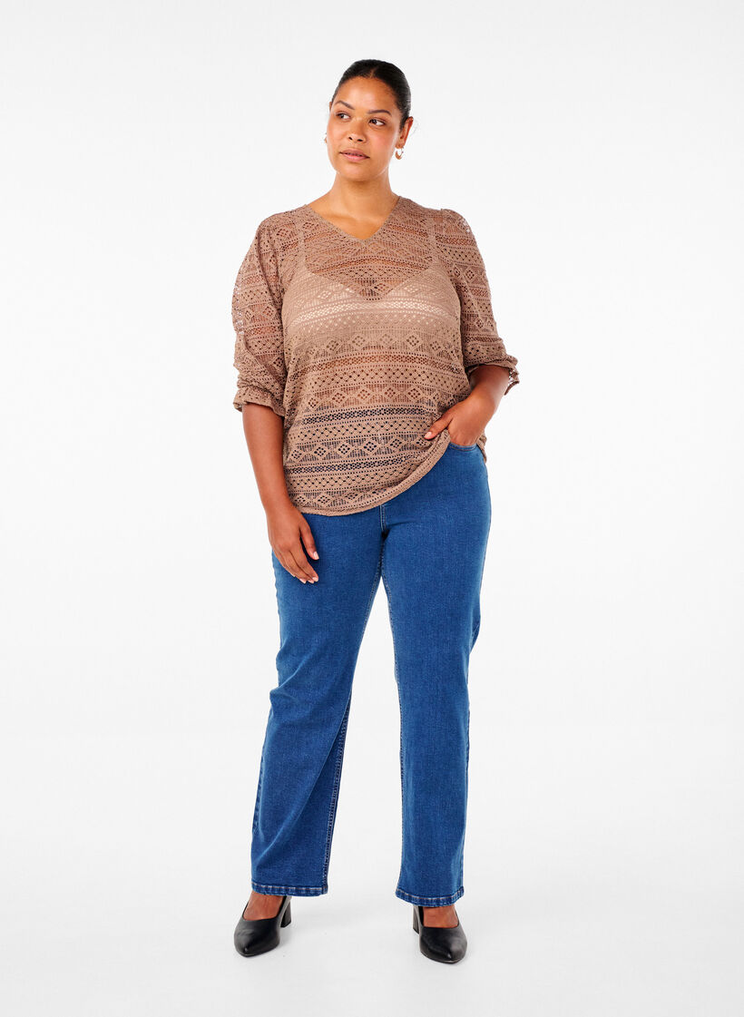 Bluse mit Lochmuster und 3/4-Ärmeln, Braun, Model image number 1